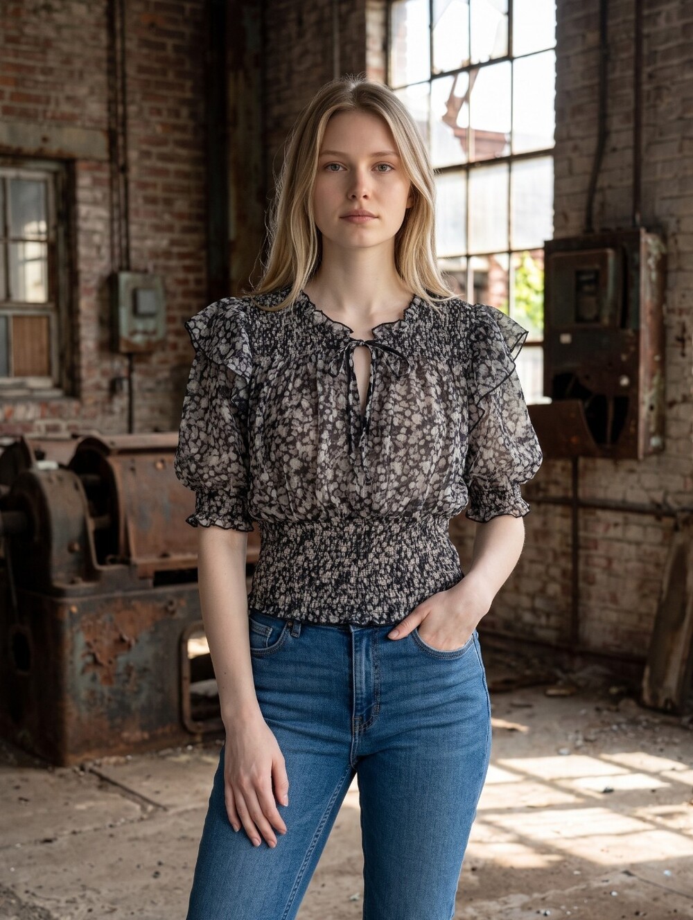 Free People Beatrice Ruffle Blouse Black Combo Floral Large Large
